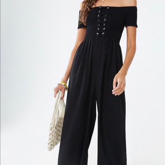 smocked off the shoulder jumpsuit